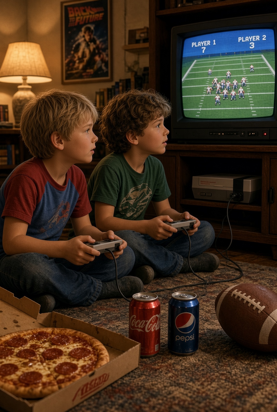 Two boys sitting on a rug with game controllers, watching the television, pizza open on the floor