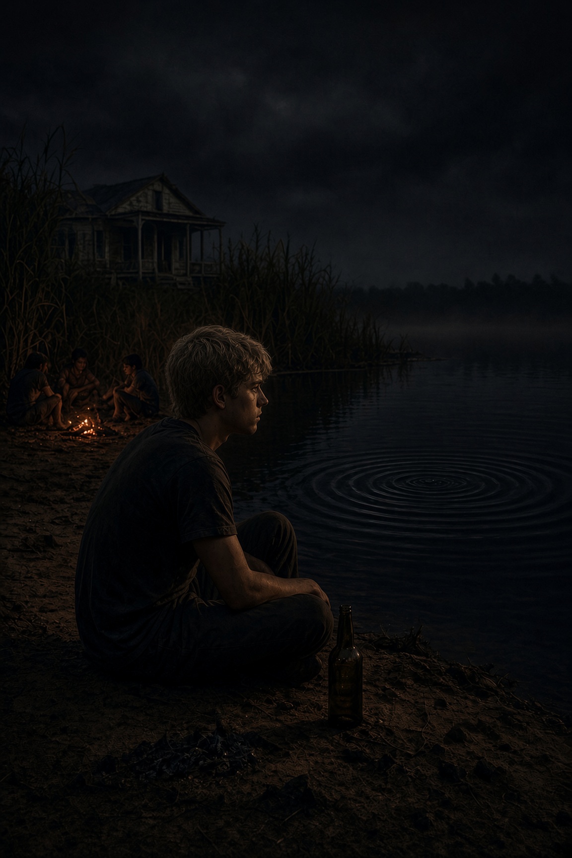 A young man sitting apart from the fire, a ripple on the lake, the house empty behind him