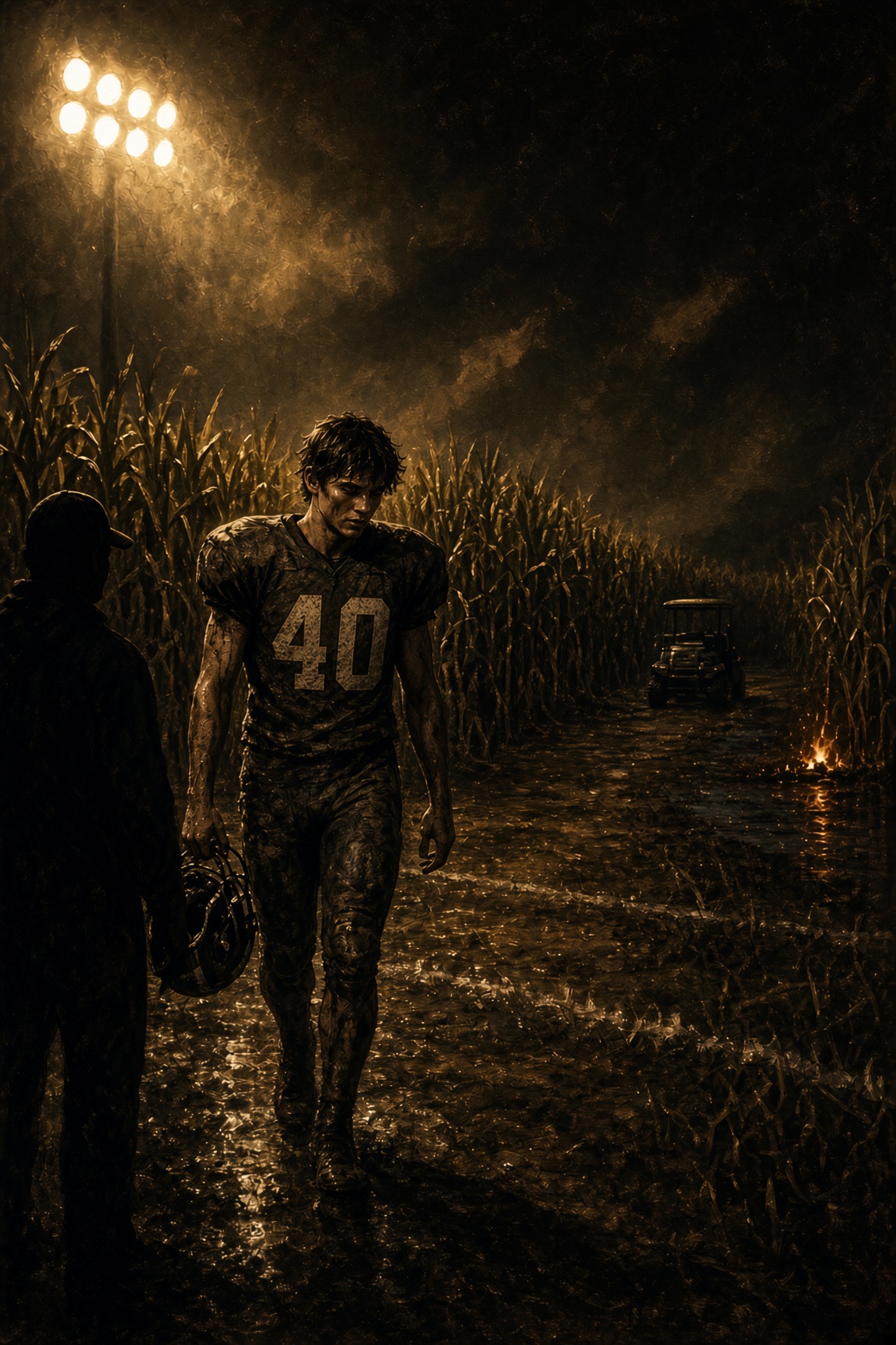 A muddy linebacker under Friday lights, a cart and a fire in the cane behind him