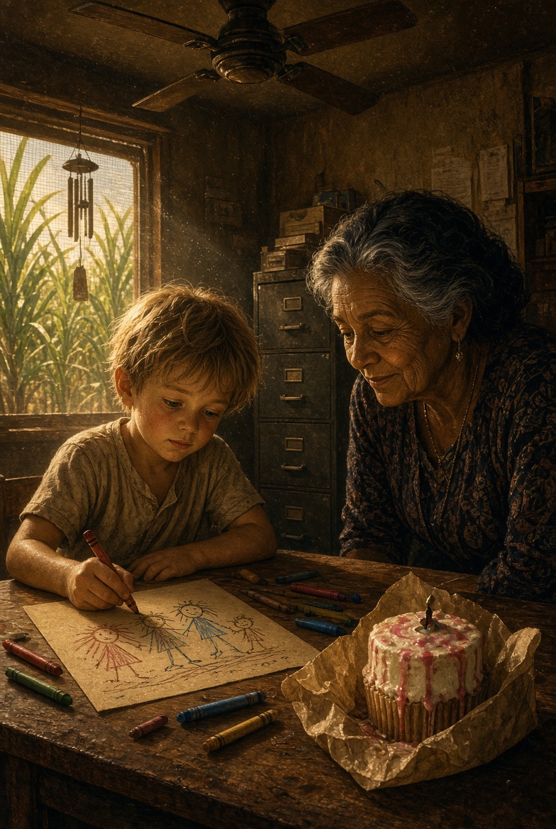 A small boy drawing at a wooden desk while his grandmother watches, cane outside the screen