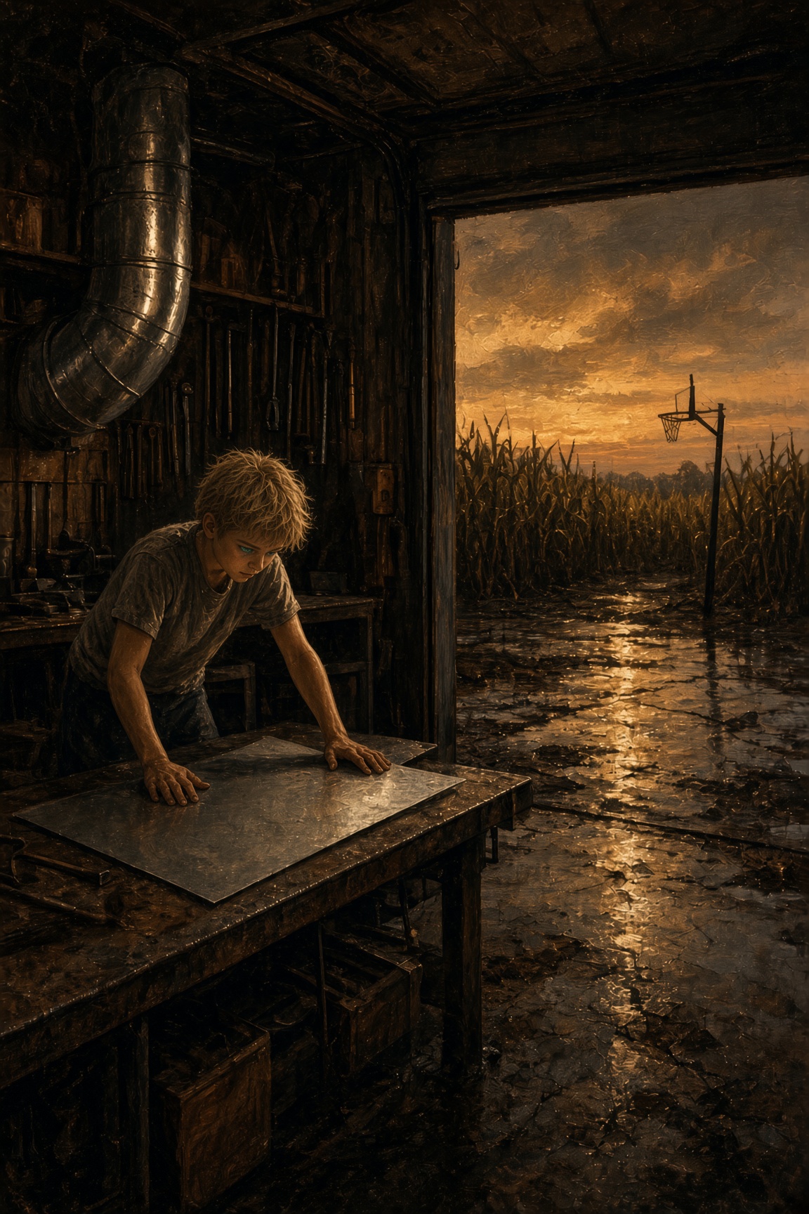 A dirty-blond boy holding a sheet of metal in a family shop, a basketball hoop outside at dusk