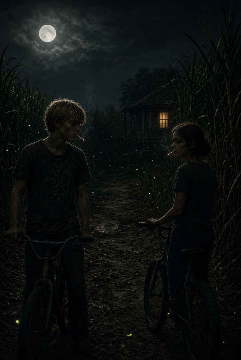 Two teenagers on bicycles in a cane row at night, one window lit behind them